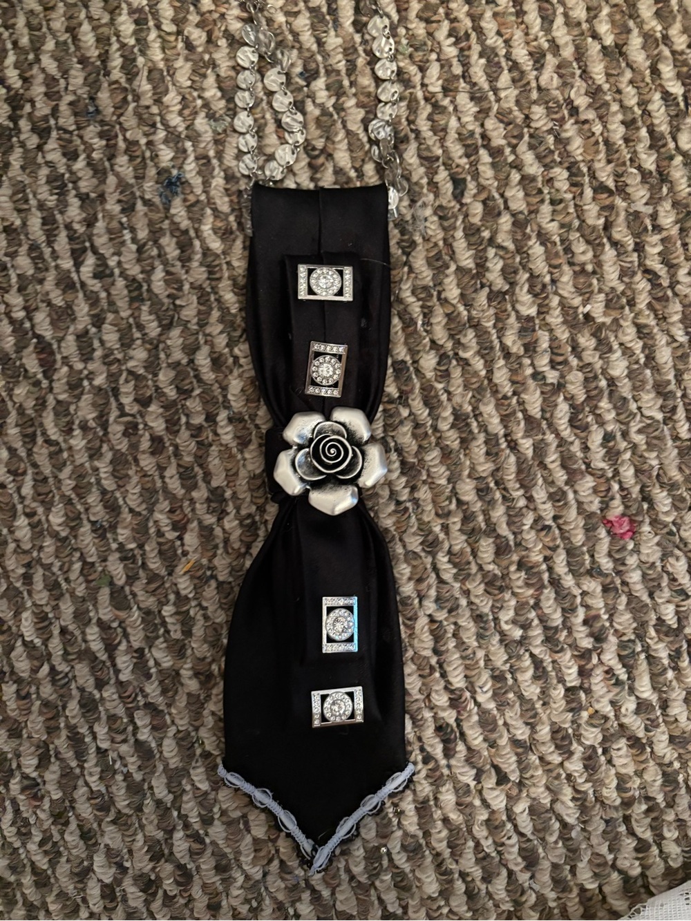 Black Satin Flower Necklace Tie  with Silver Accents